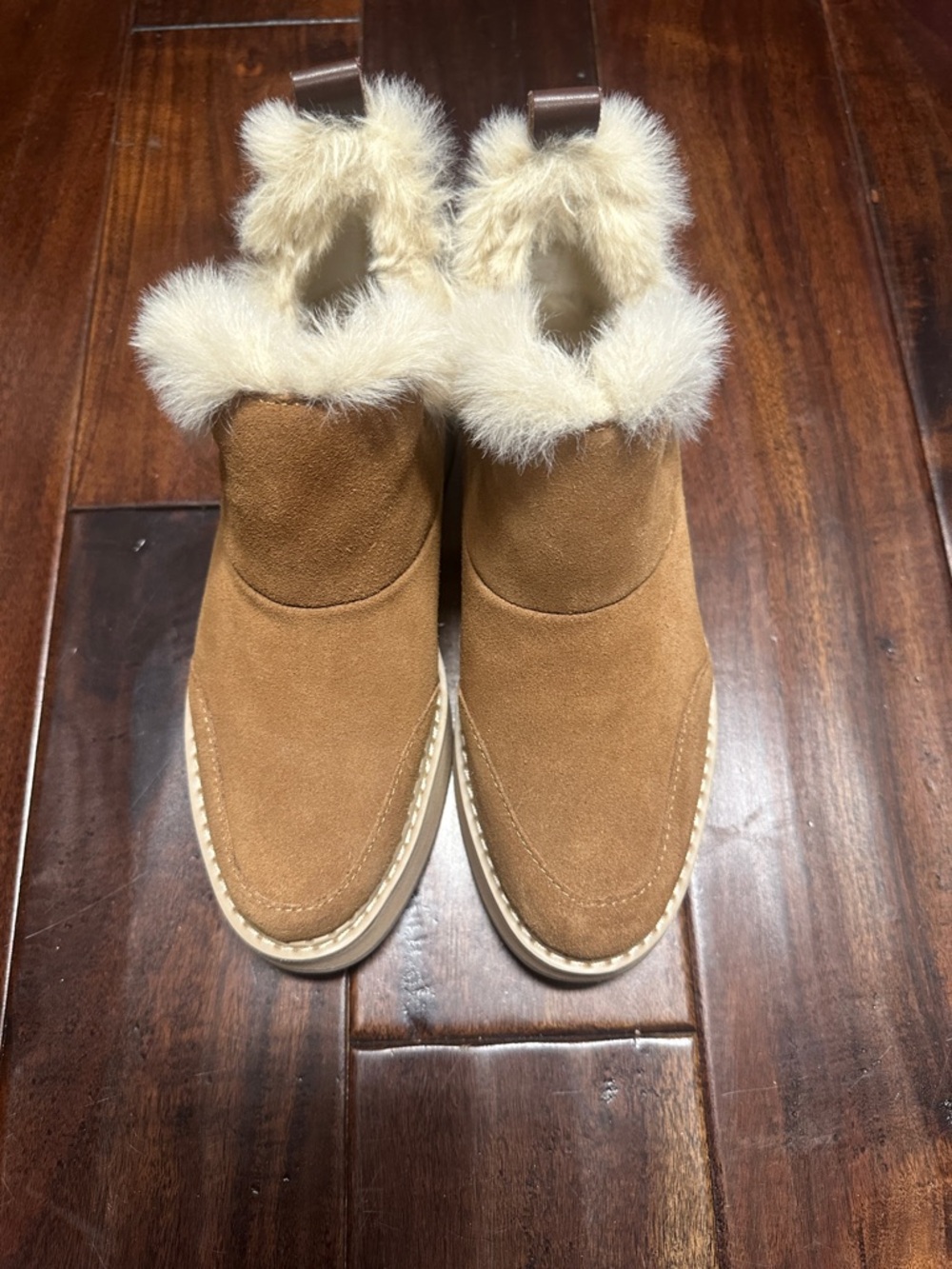 Dolce Vita Tan Suede Ankle Boots with Cream Faux-Fur Trim